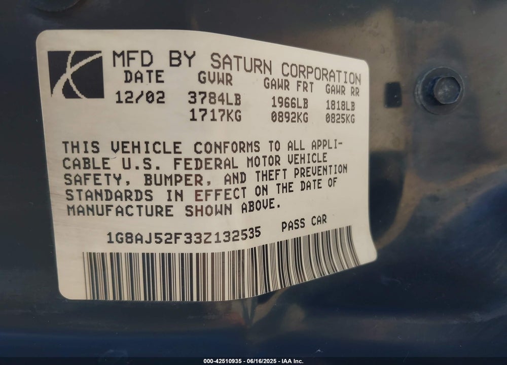 2003 SATURN ION 2 VIN: 1G8AJ52F33Z132535
