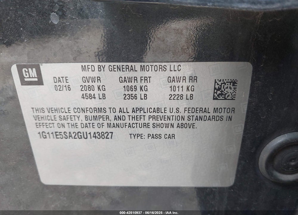 2016 CHEVROLET MALIBU LIMITED VIN: 1G11E5SA2GU143827