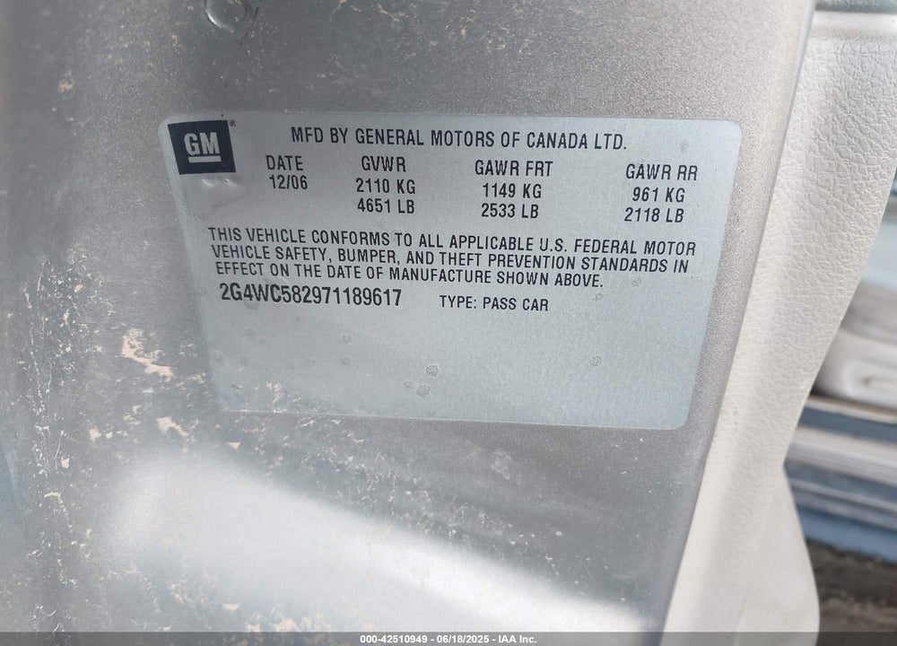 2007 BUICK LACROSSE VIN: 2G4WC582971189617