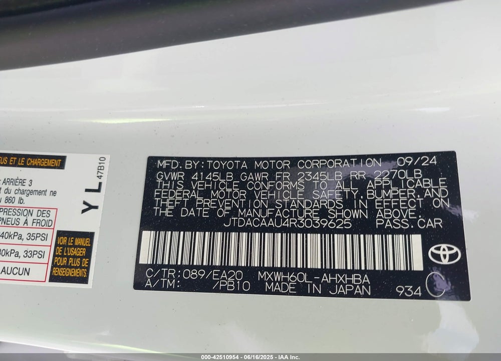 2024 TOYOTA PRIUS LIMITED VIN: JTDACAAU4R3039625