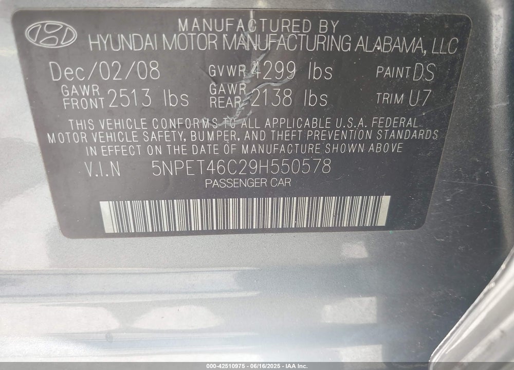 2009 HYUNDAI SONATA GLS VIN: 5NPET46C29H550578