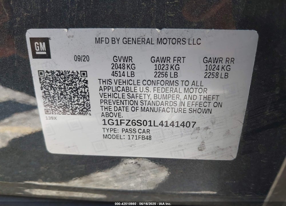 2020 CHEVROLET BOLT EV VIN: 1G1FZ6S01L4141407