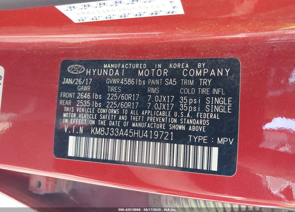 2017 HYUNDAI TUCSON SE PLUS VIN: KM8J33A45HU419721