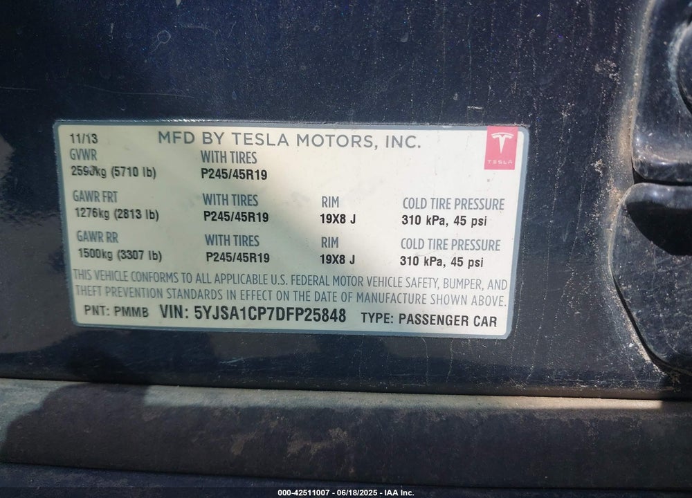 2013 TESLA MODEL S VIN: 5YJSA1CP7DFP25848