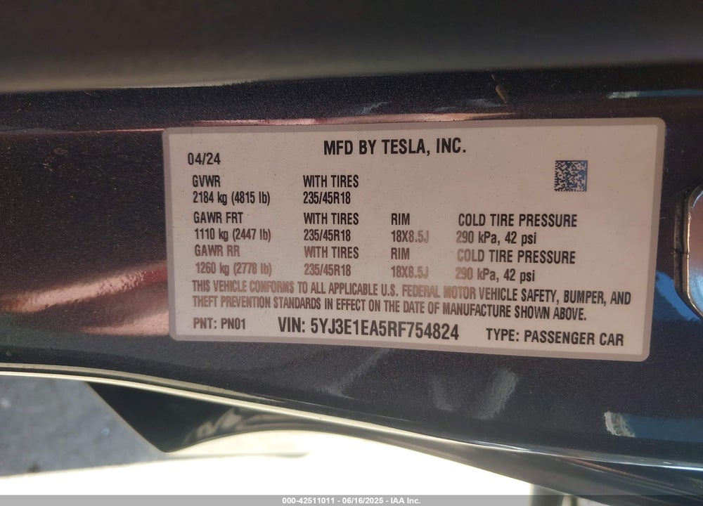 2024 TESLA MODEL 3 VIN: 5YJ3E1EA5RF754824