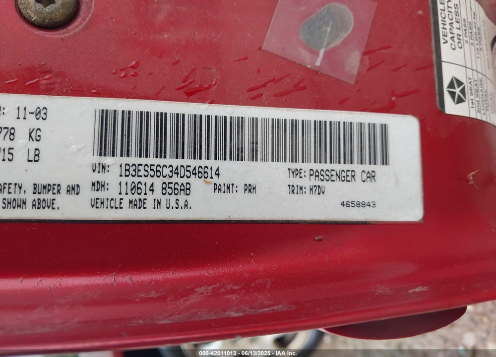 2004 DODGE NEON SXT VIN: 1B3ES56C34D546614