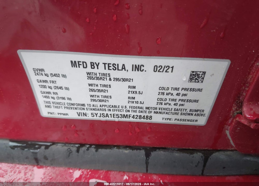 2021 TESLA MODEL S LONG RANGE DUAL MOTOR ALL-WHEEL DRIVE VIN: 5YJSA1E53MF428488