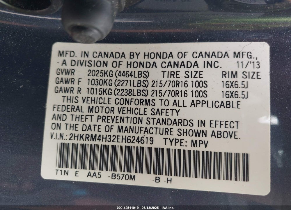 2014 HONDA CR-V VIN: 2HKRM4H32EH624619