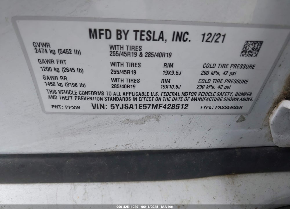 2021 TESLA MODEL S VIN: 5YJSA1E57MF428512