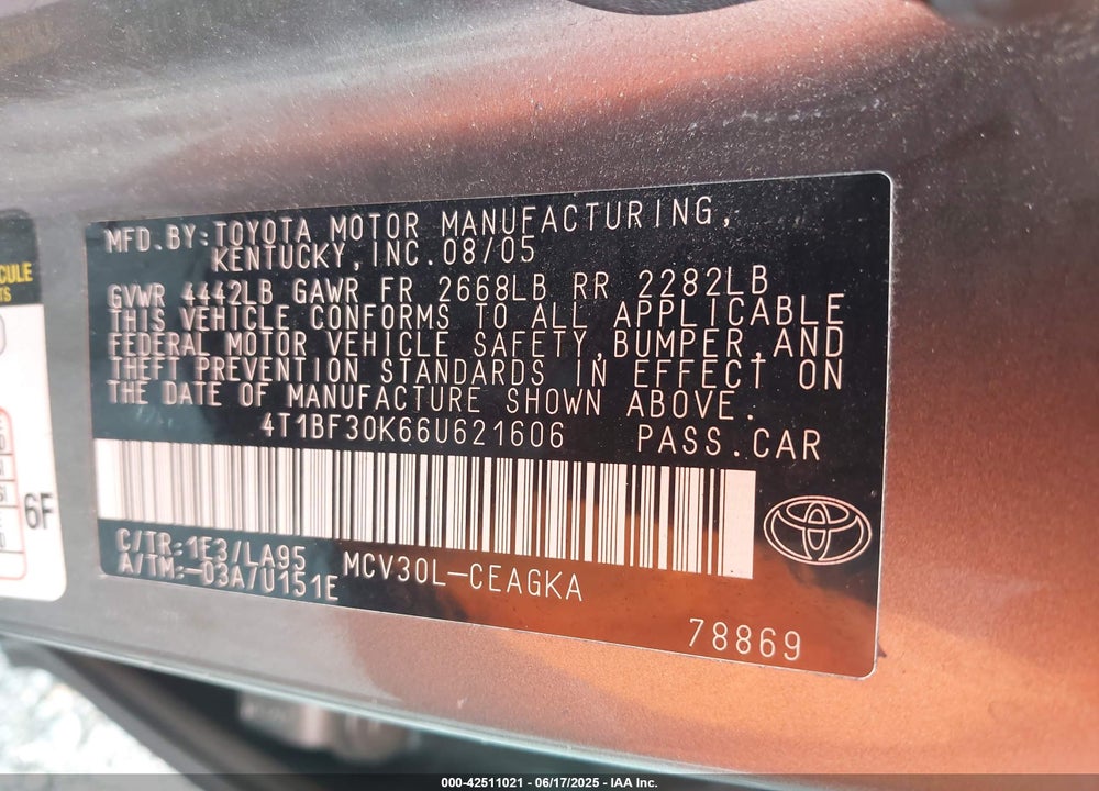 2006 TOYOTA CAMRY VIN: 4T1BF30K66U621606