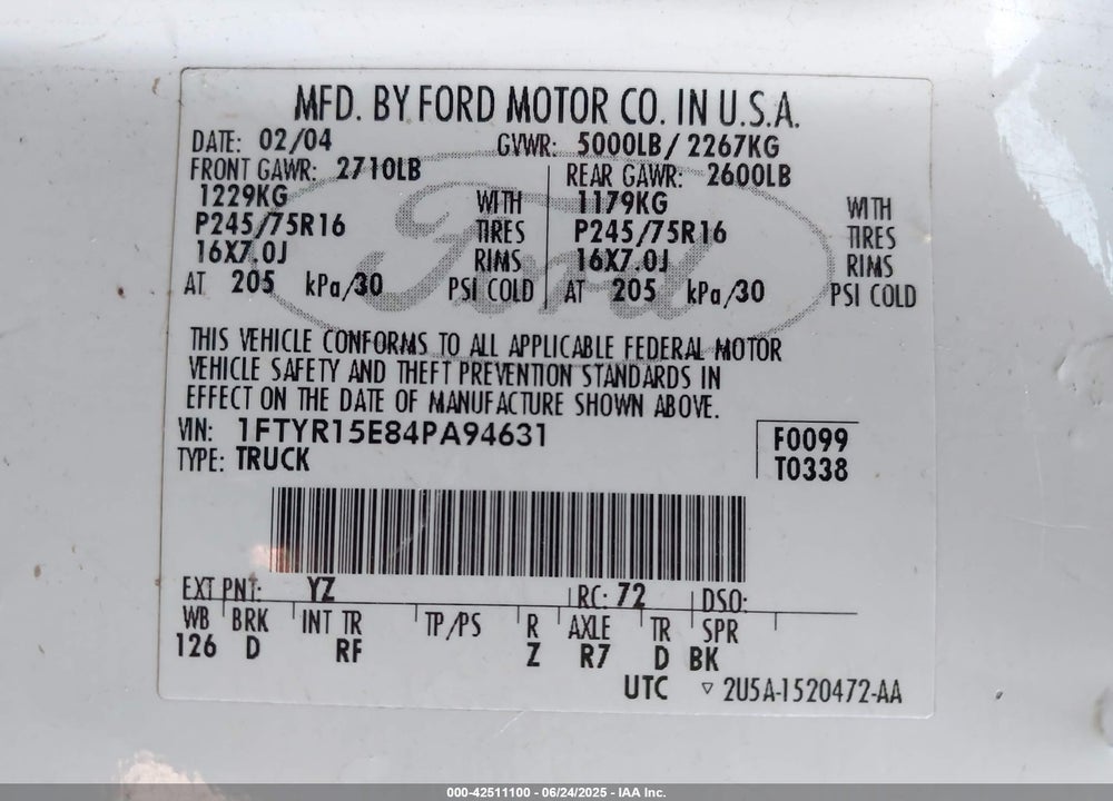 2004 FORD RANGER XLT VIN: 1FTYR15E84PA94631