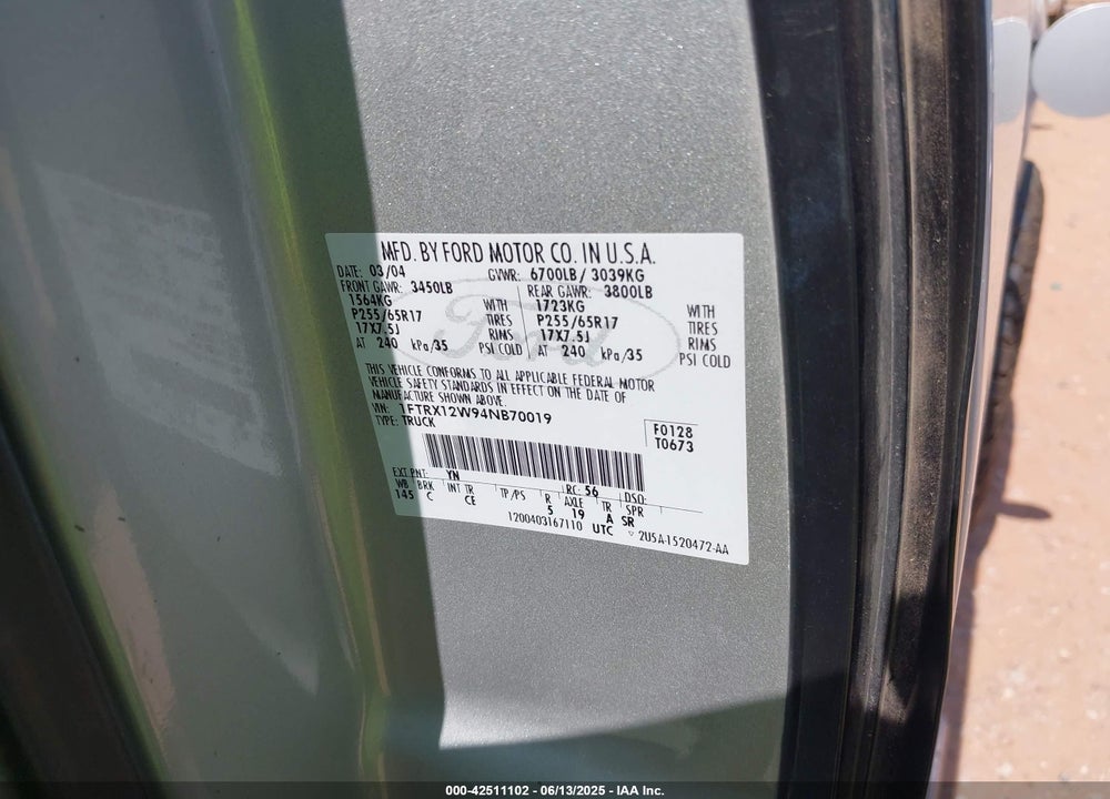 2004 FORD F-150 STX/XL/XLT VIN: 1FTRX12W94NB70019