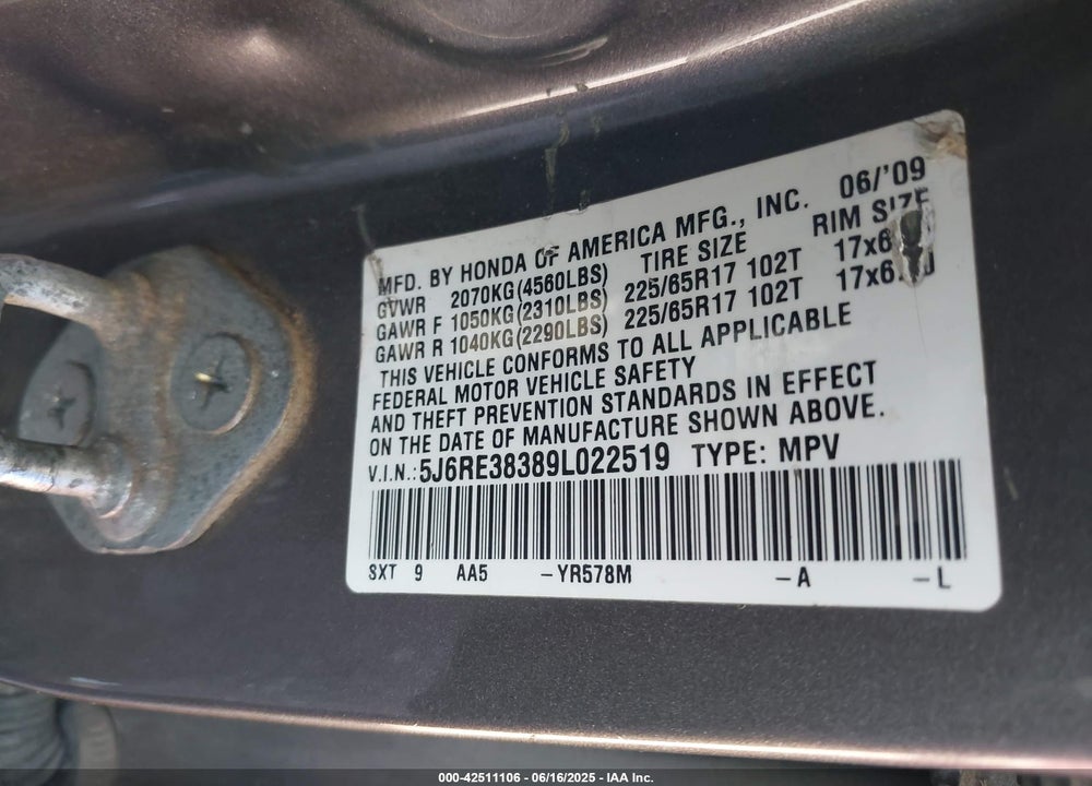 2009 HONDA CR-V LX VIN: 5J6RE38389L022519
