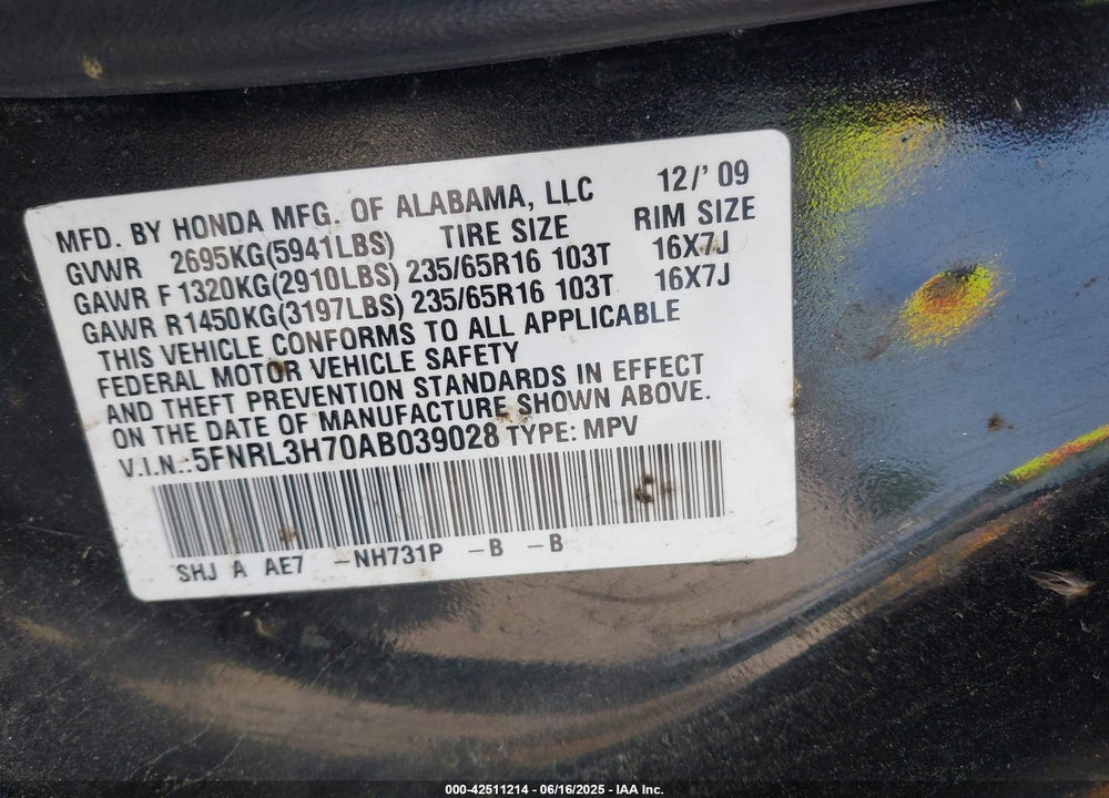 2010 HONDA ODYSSEY EX-L VIN: 5FNRL3H70AB039028