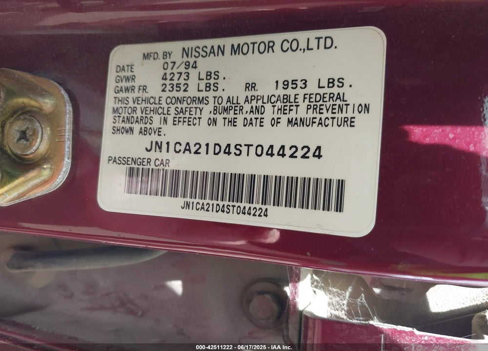 1995 NISSAN MAXIMA GLE/GXE/SE VIN: JN1CA21D4ST044224