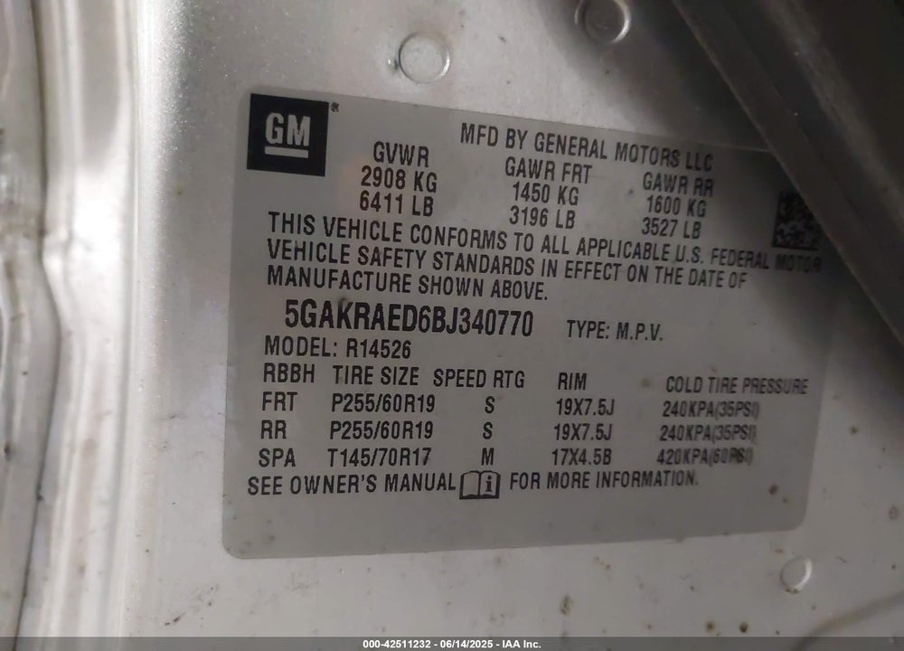 2011 BUICK ENCLAVE VIN: 5GAKRAED6BJ340770