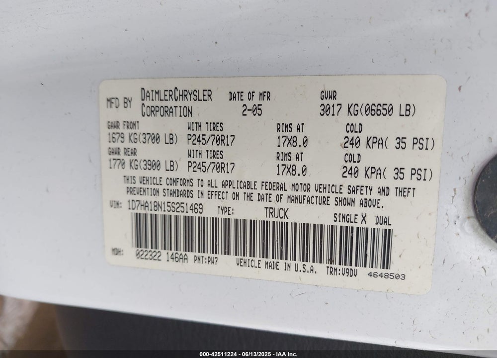 2005 DODGE RAM 1500 SLT/LARAMIE VIN: 1D7HA18N15S251469