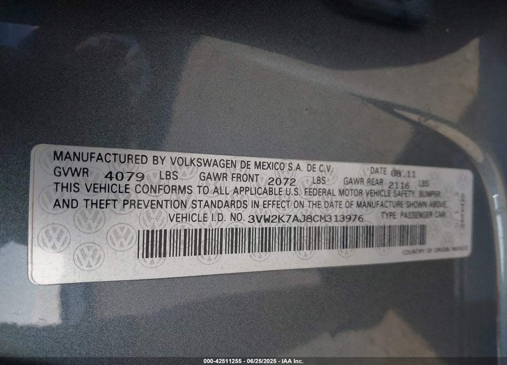 2012 VOLKSWAGEN JETTA VIN: 3VW2K7AJ8CM313976
