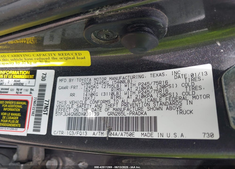 2013 TOYOTA TACOMA VIN: 5TFJU4GN6DX039139