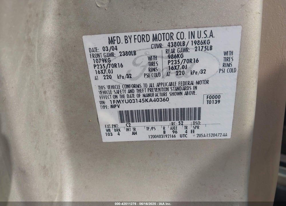 2005 FORD ESCAPE XLT VIN: 1FMYU03145KA40360