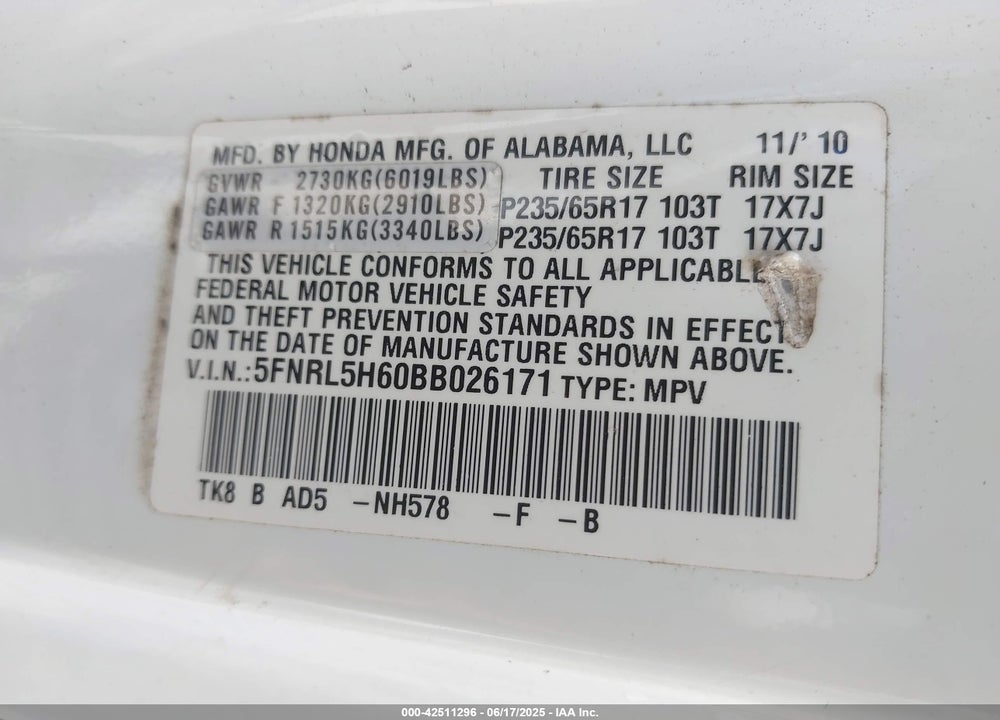 2011 HONDA ODYSSEY EX-L VIN: 5FNRL5H60BB026171