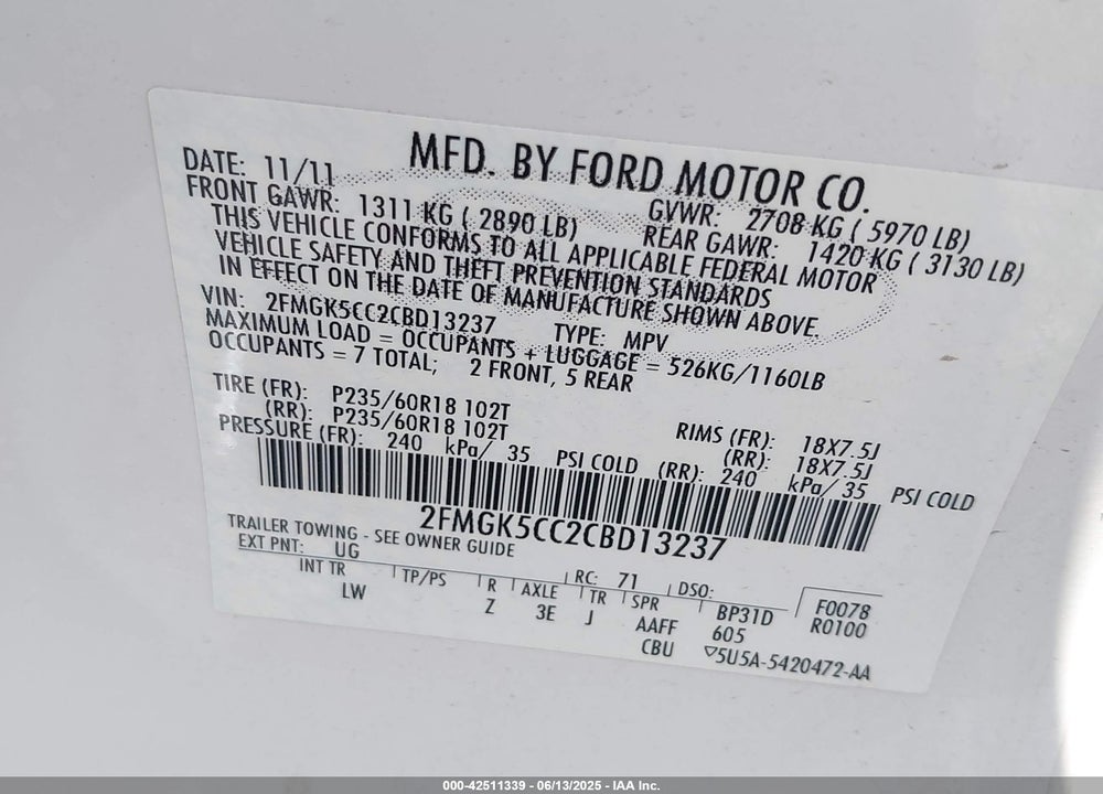 2012 FORD FLEX SEL VIN: 2FMGK5CC2CBD13237