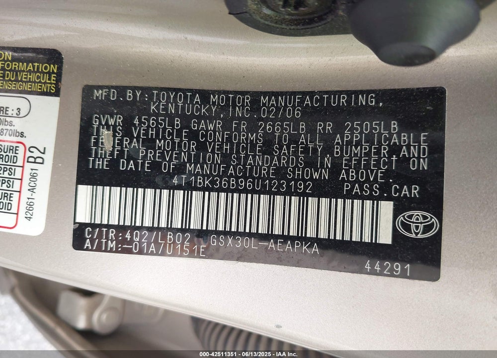 2006 TOYOTA AVALON VIN: 4T1BK36B96U123192