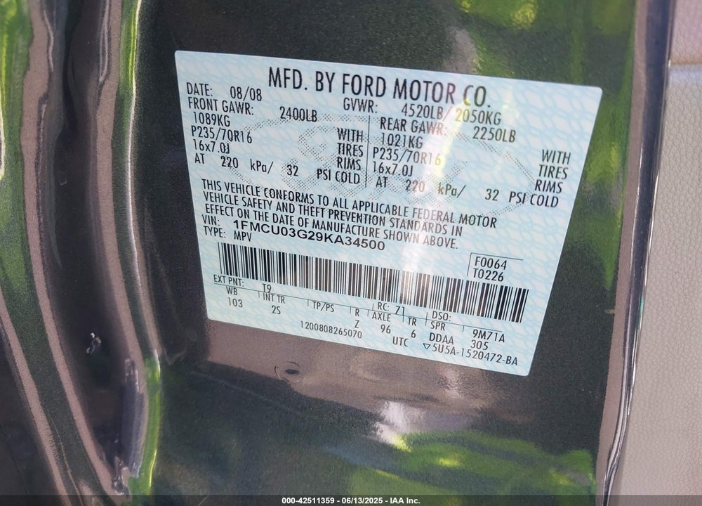 2009 FORD ESCAPE VIN: 1FMCU03G29KA34500