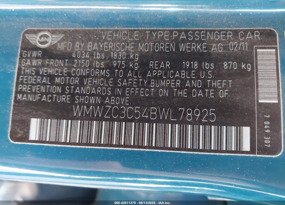 2011 MINI COOPER S VIN: WMWZC3C54BWL78925