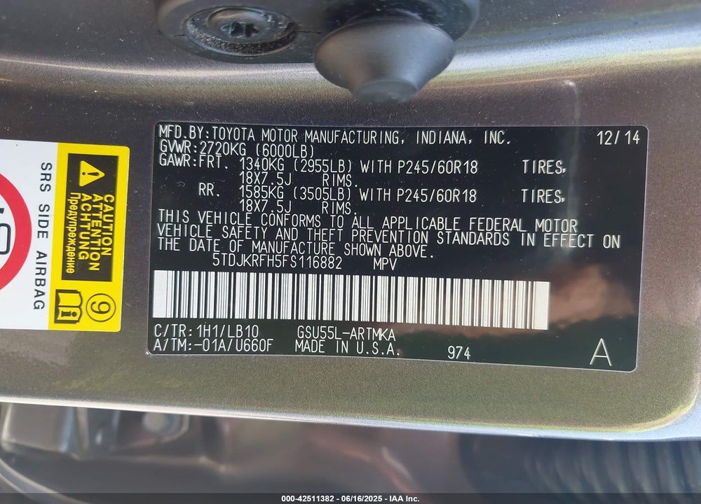 2015 TOYOTA HIGHLANDER XLE V6 VIN: 5TDJKRFH5FS116882