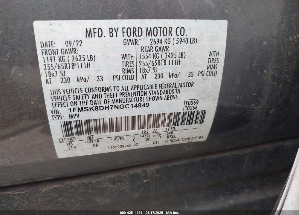 2022 FORD EXPLORER XLT VIN: 1FMSK8DH7NGC14849