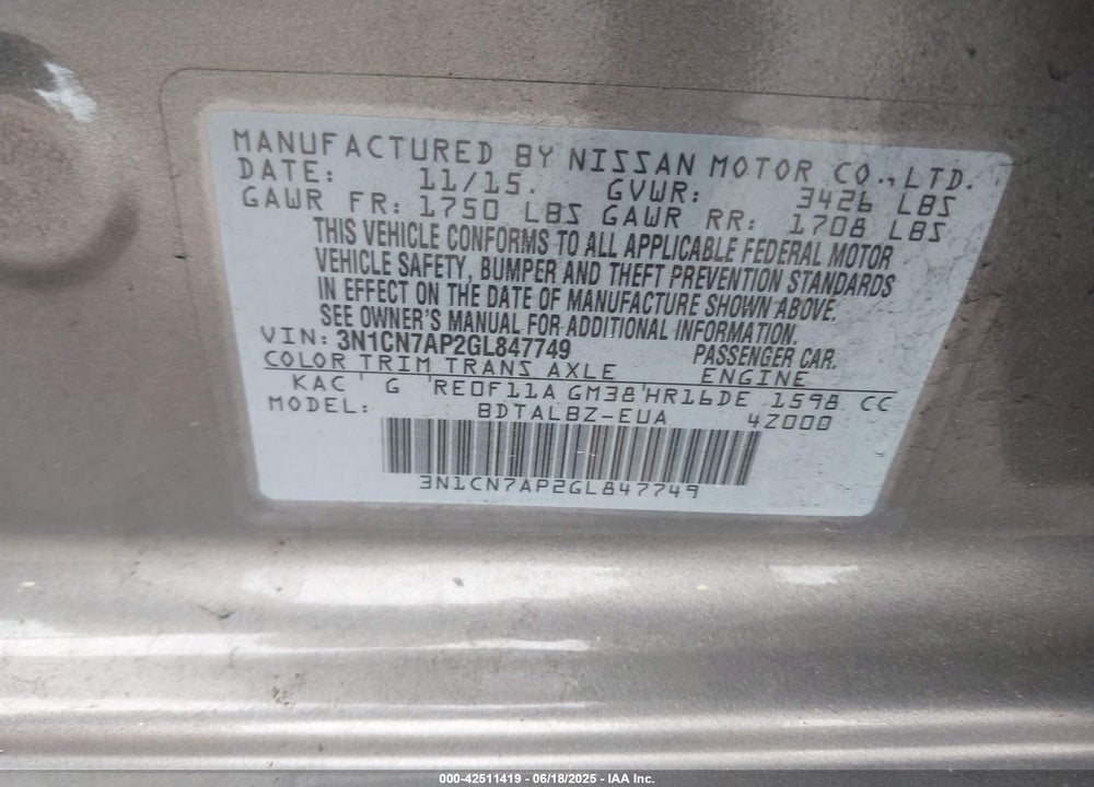 2016 NISSAN VERSA VIN: 3N1CN7AP2GL847749