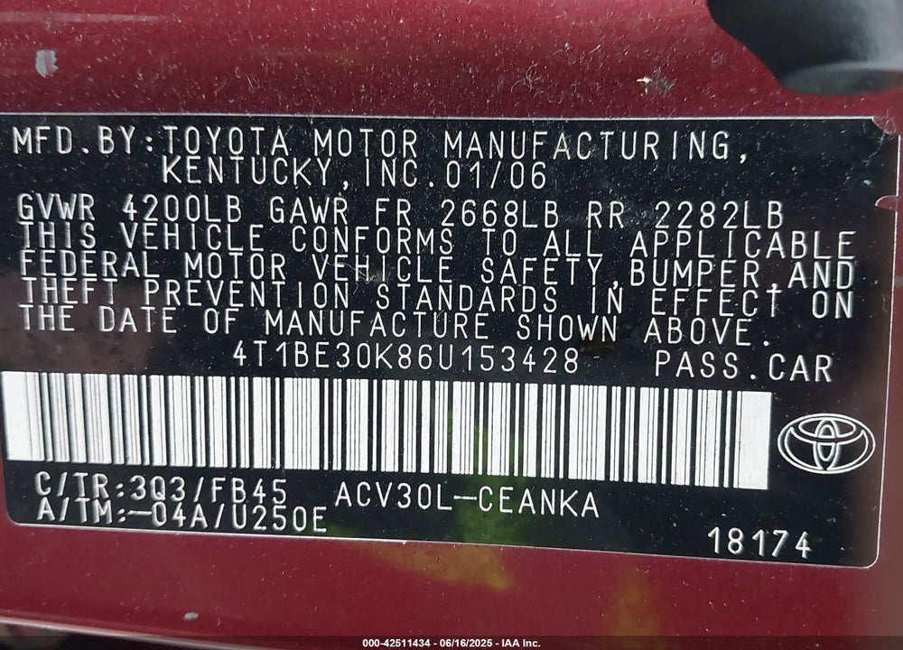 2006 TOYOTA CAMRY VIN: 4T1BE30K86U153428