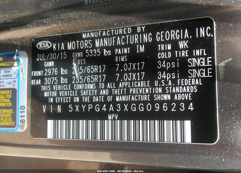 2016 KIA SORENTO VIN: 5XYPG4A3XGG096234