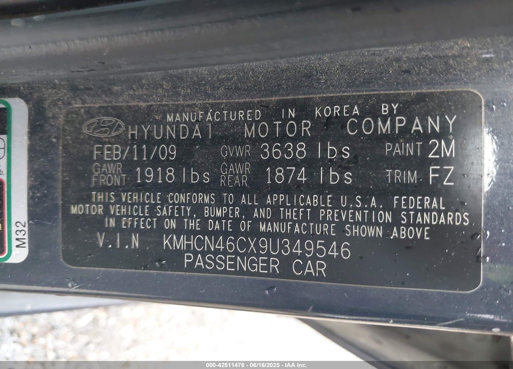 2009 HYUNDAI ACCENT GLS VIN: KMHCN46CX9U349546