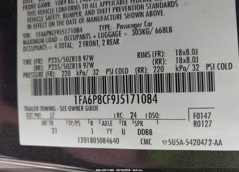 2018 FORD MUSTANG VIN: 1FA6P8CF9J5171084