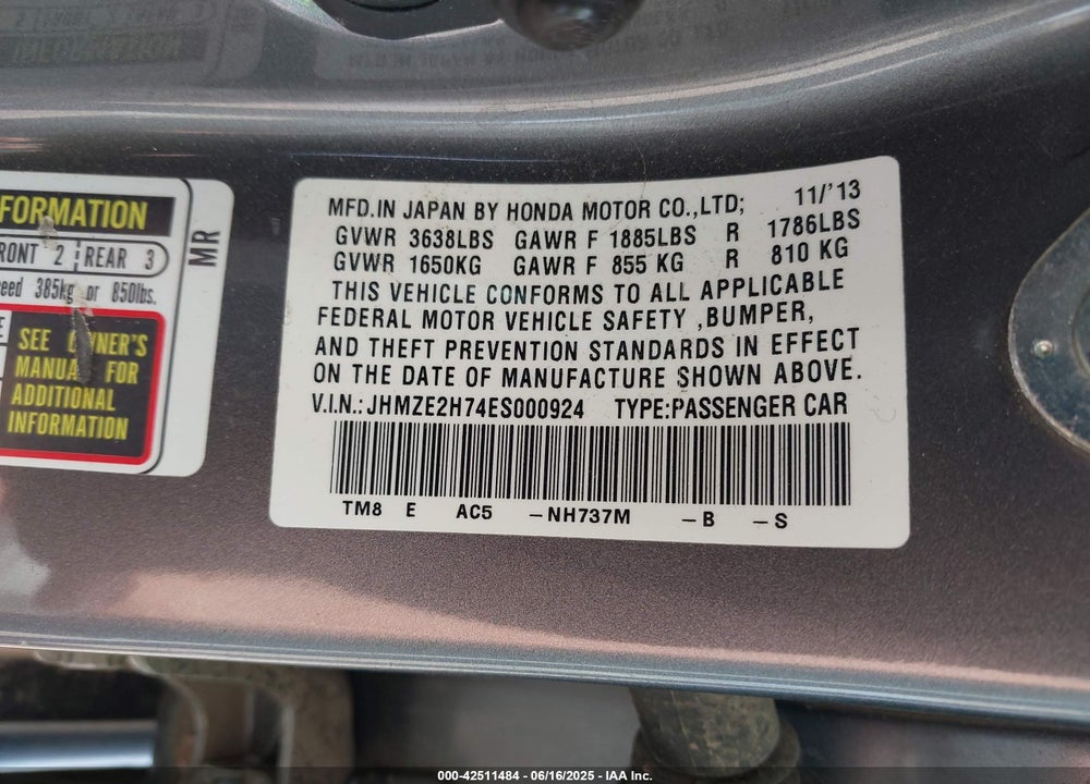 2014 HONDA INSIGHT VIN: JHMZE2H74ES000924