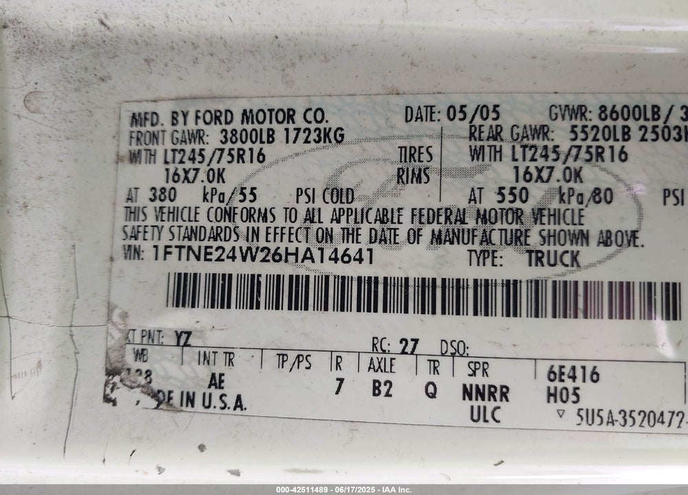 2006 FORD E-250 COMMERCIAL/RECREATIONAL VIN: 1FTNE24W26HA14641