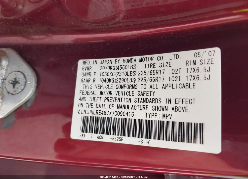 2007 HONDA CR-V EX-L VIN: JHLRE487X7C090416