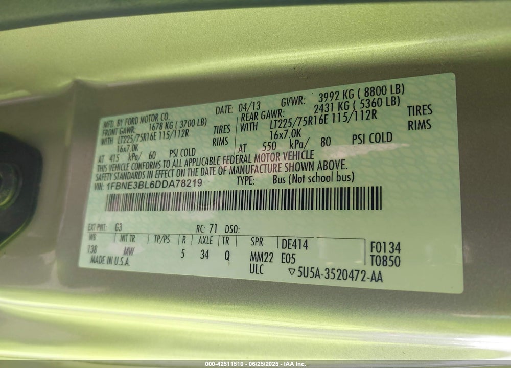 2013 FORD E-350 SUPER DUTY XLT VIN: 1FBNE3BL6DDA78219