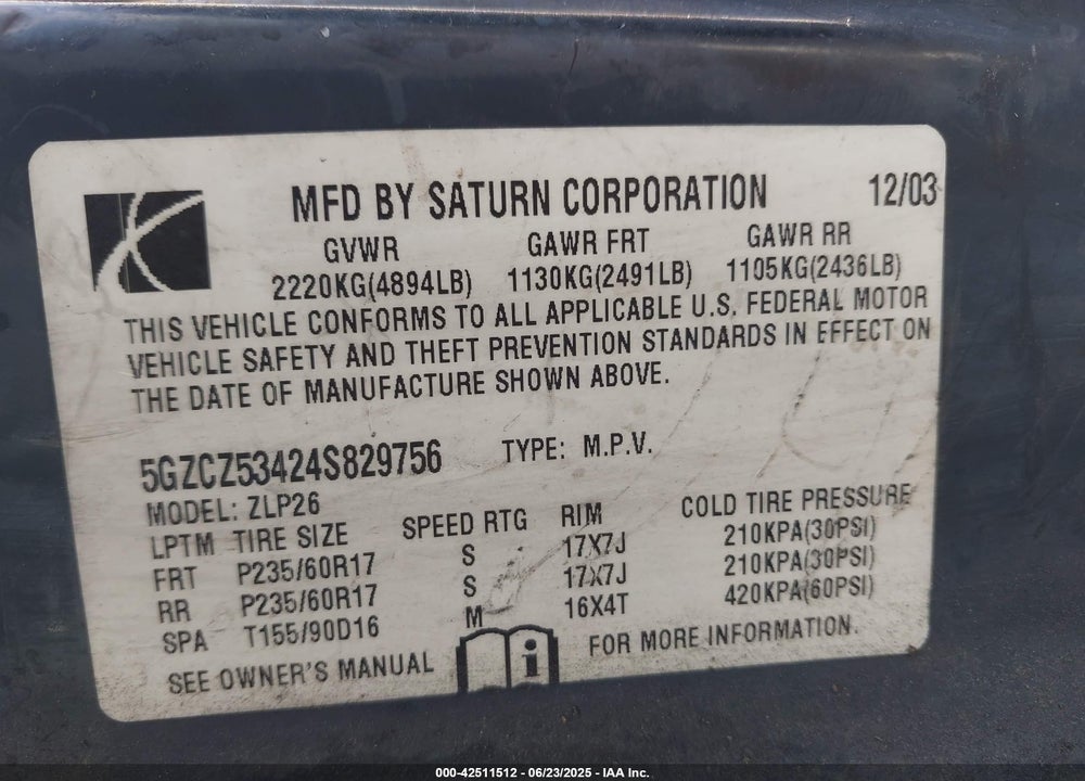 2004 SATURN VUE V6 VIN: 5GZCZ53424S829756
