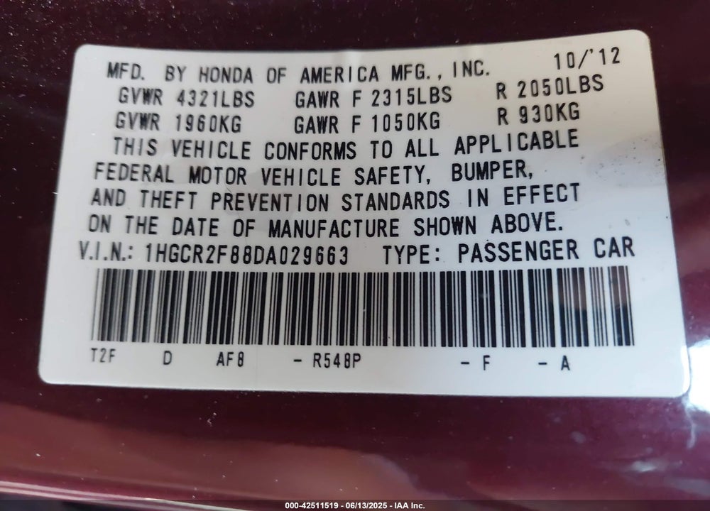 2013 HONDA ACCORD EX-L VIN: 1HGCR2F88DA029663