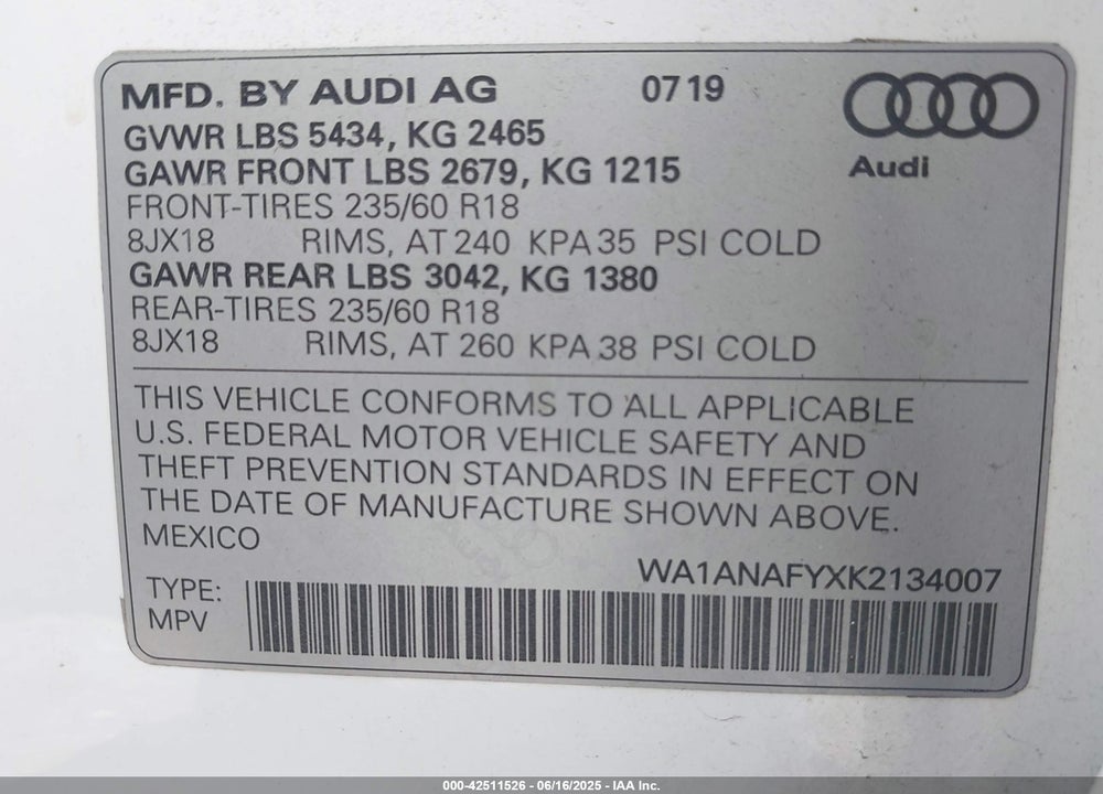 2019 AUDI Q5 VIN: WA1ANAFYXK2134007