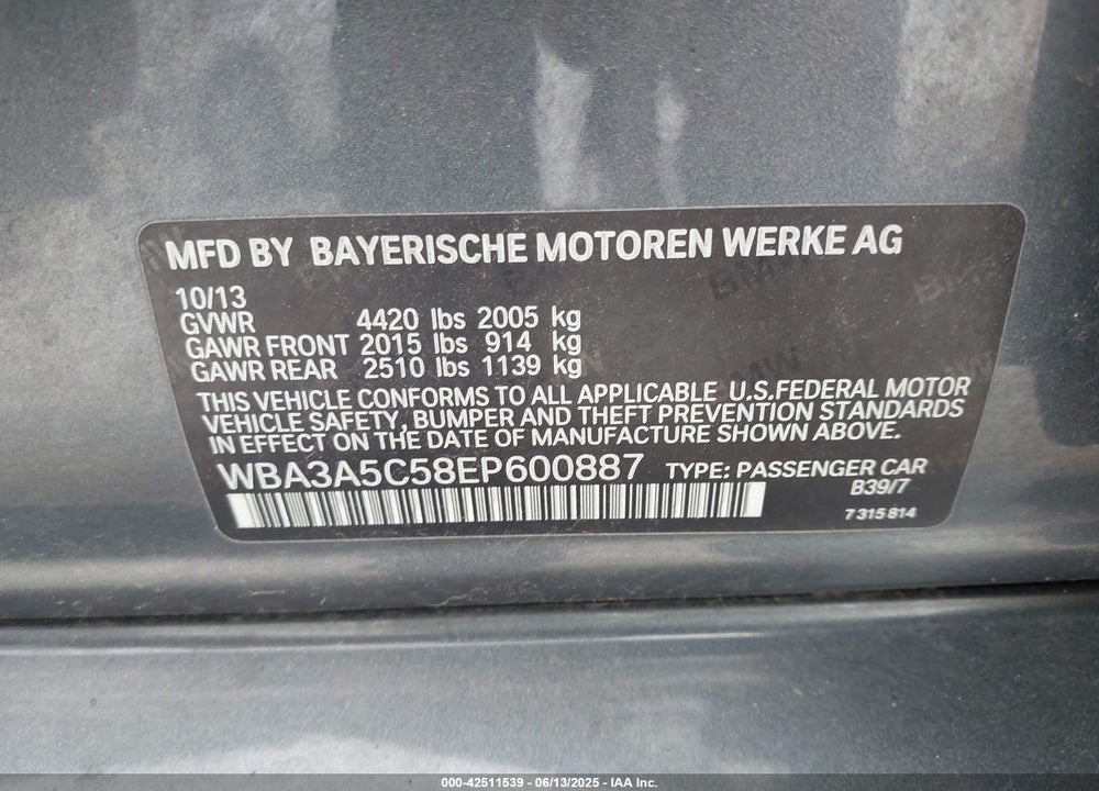 2014 BMW 328I VIN: WBA3A5C58EP600887