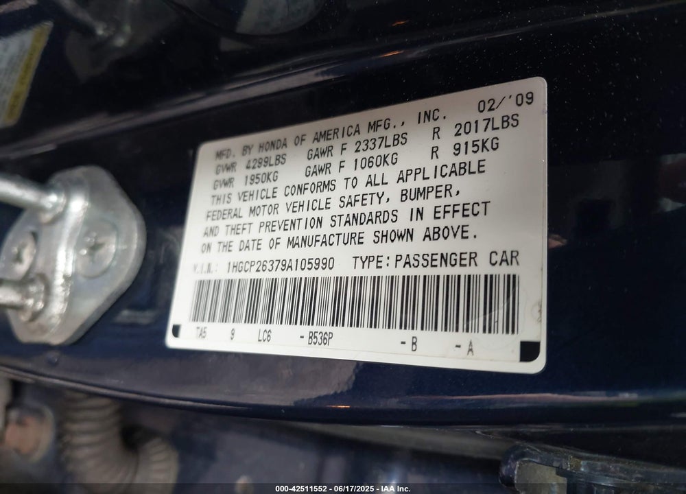 2009 HONDA ACCORD 2.4 LX VIN: 1HGCP26379A105990