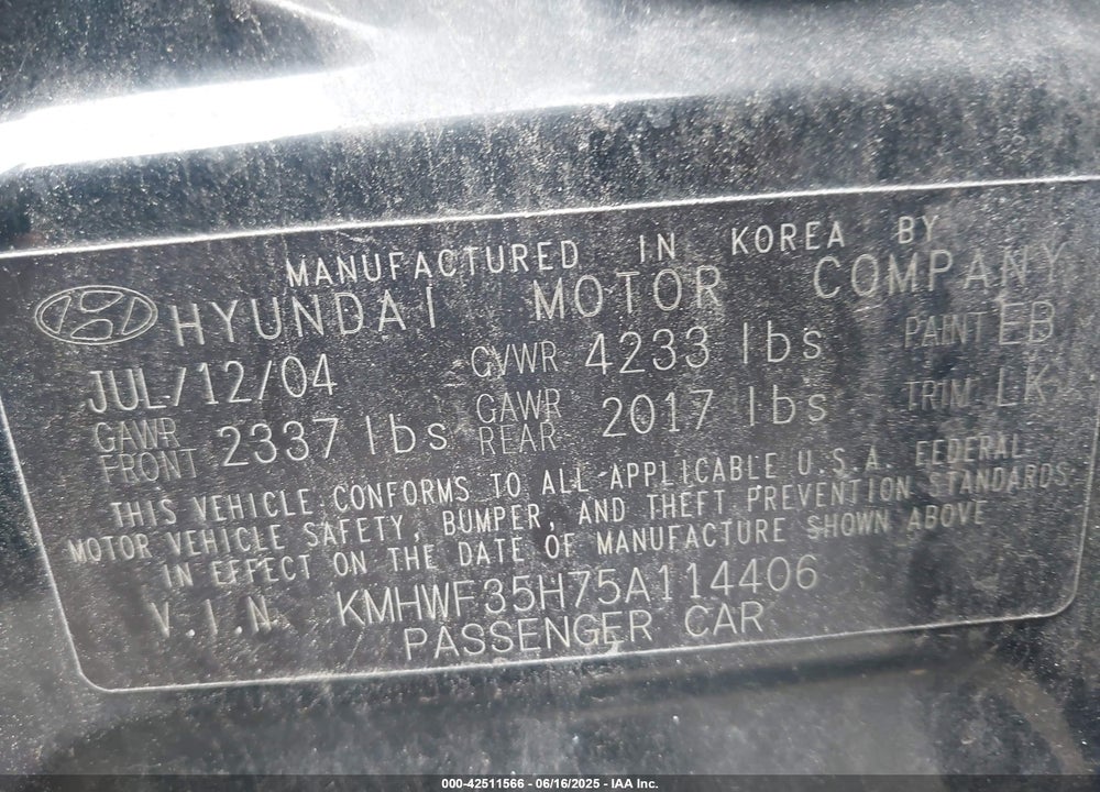 2005 HYUNDAI SONATA GLS/LX VIN: KMHWF35H75A114406