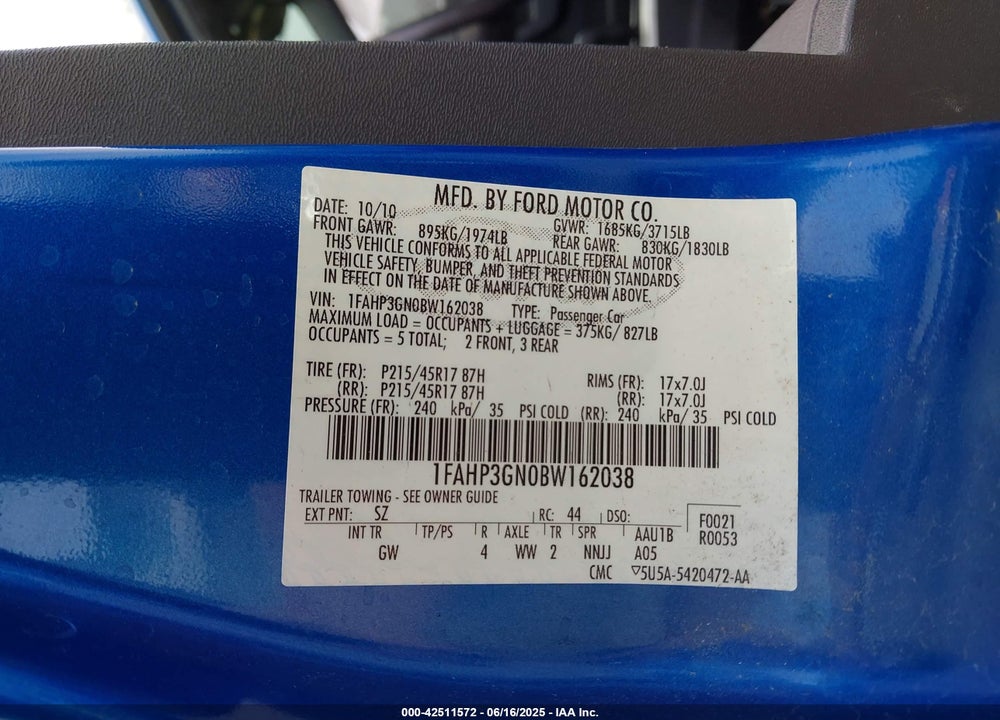 2011 FORD FOCUS SES VIN: 1FAHP3GN0BW162038