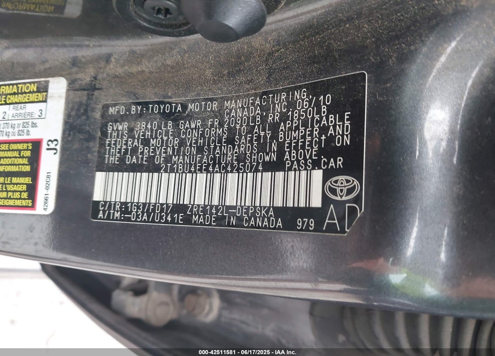 2010 TOYOTA COROLLA VIN: 2T1BU4EE4AC425074