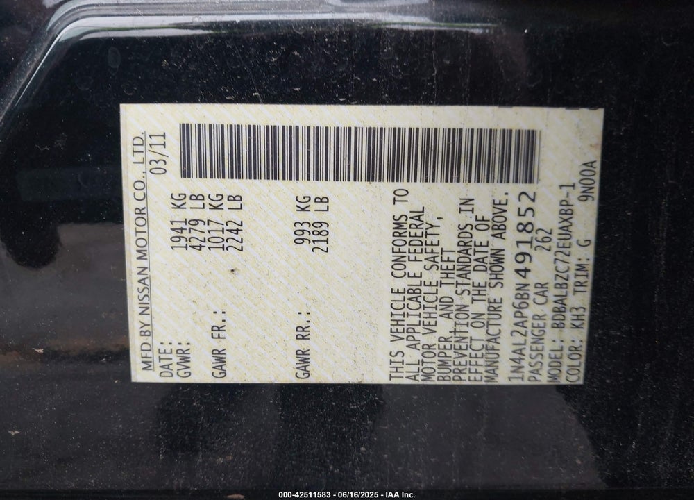 2011 NISSAN ALTIMA VIN: 1N4AL2AP6BN491852