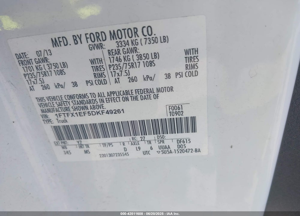 2013 FORD F-150 VIN: 1FTFX1EF5DKF49261